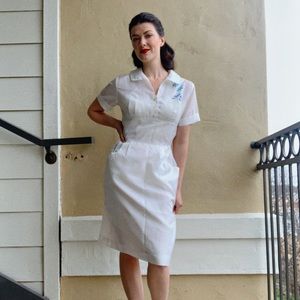 True vintage 1950s 60s sheet white (maybe nurse?) dress. Waist 26”